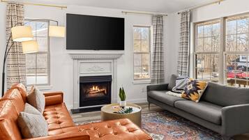 TV, fireplace, books, offices