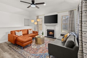 TV, fireplace, offices - Modern 3BR Boho Townhome w/ Private Pool & Near Trails (Bentonville)