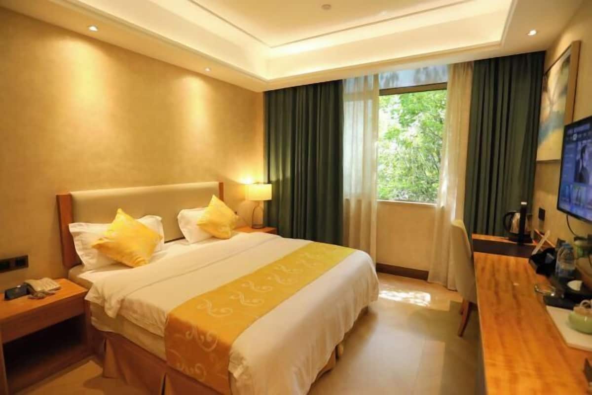 Habitación de hotel con cama, mesita de noche, lámpara, televisión y ventana con cortinas.