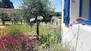 Un edificio blanco con contraventanas azules, rodeado de un jardín con diversas plantas y flores.