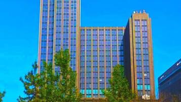 Stunning high-rise building with a symmetrical design and prominent facade.
