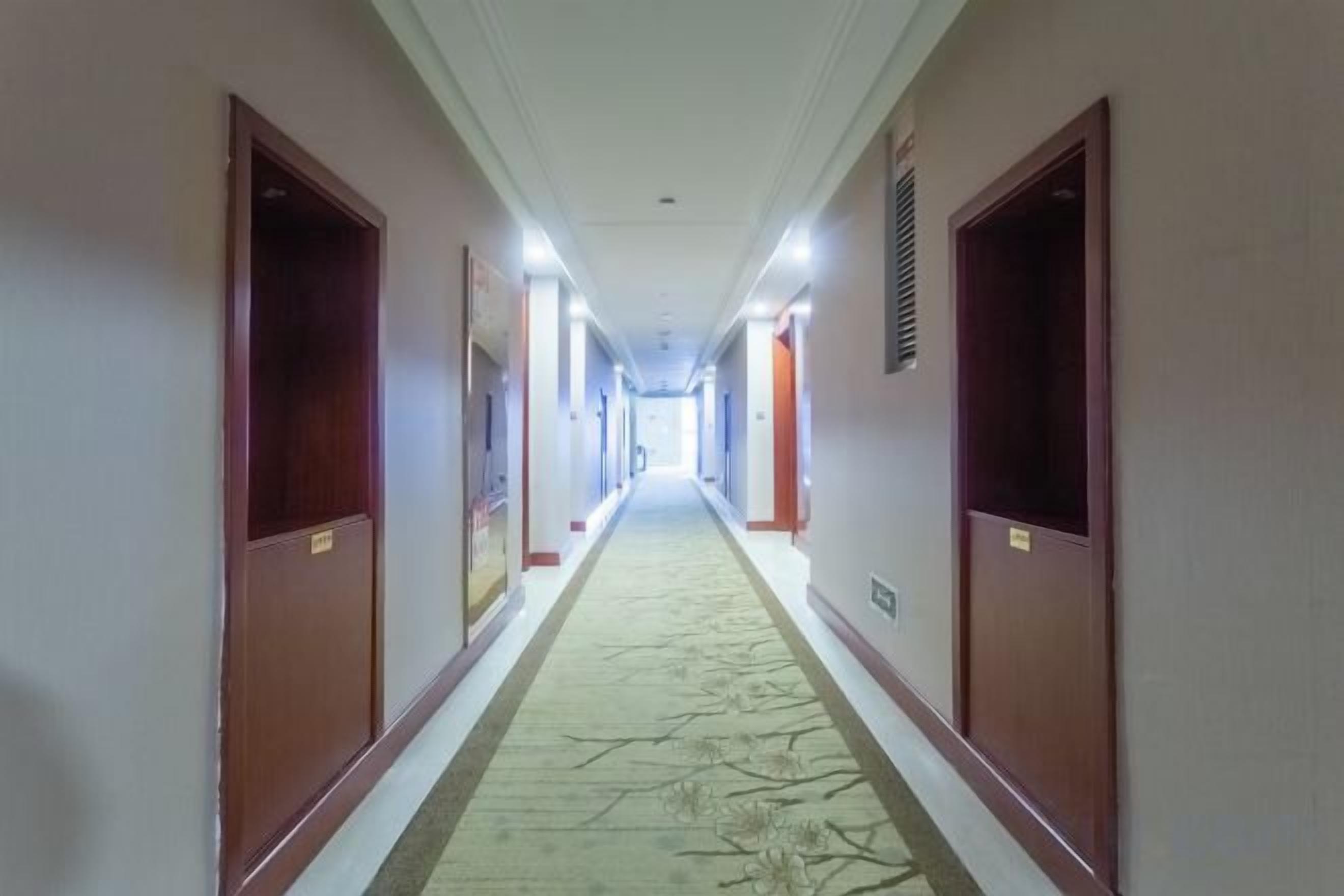 A hotel hallway with doors on both sides, a carpeted floor, and a ceiling with recessed lighting.