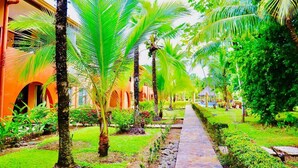 A pathway lined with palm trees and a building with arches.