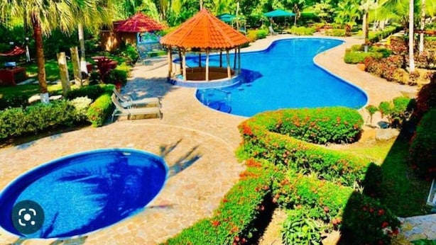 A swimming pool with a gazebo, surrounded by palm trees and well-maintained landscaping.
