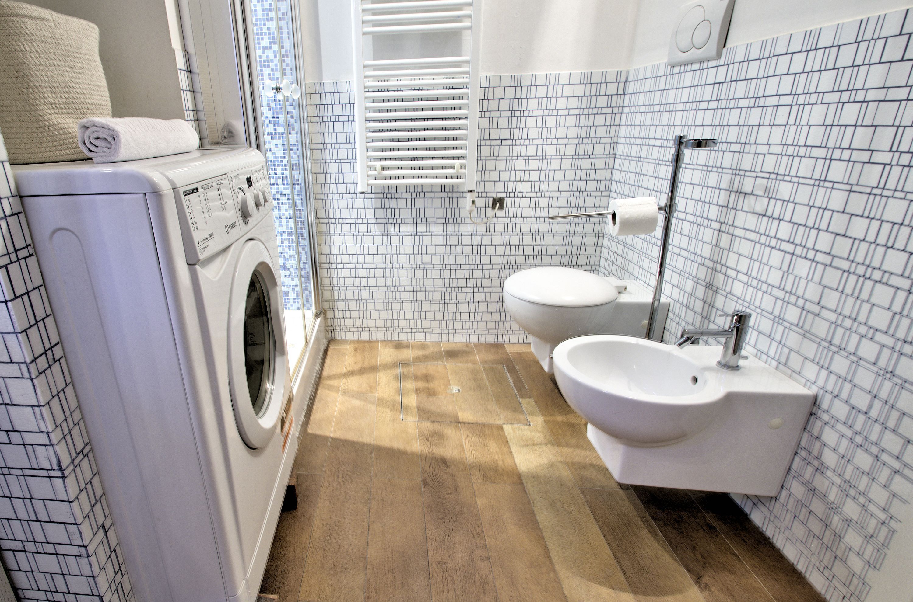 Hair dryer, bidet, towels, soap
