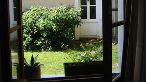 A view through an open window of a building with a white door and a small garden area with plants and flowers.