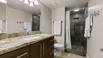 Shower, eco-friendly toiletries, hair dryer, towels