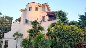 A modern building with a curved tower, surrounded by lush tropical plants.