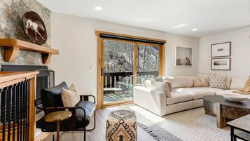 Smart TV, chimenea y estéreo