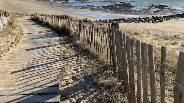 Une promenade en bois mène à une plage de sable, et une clôture en bois borde un de ses côtés.