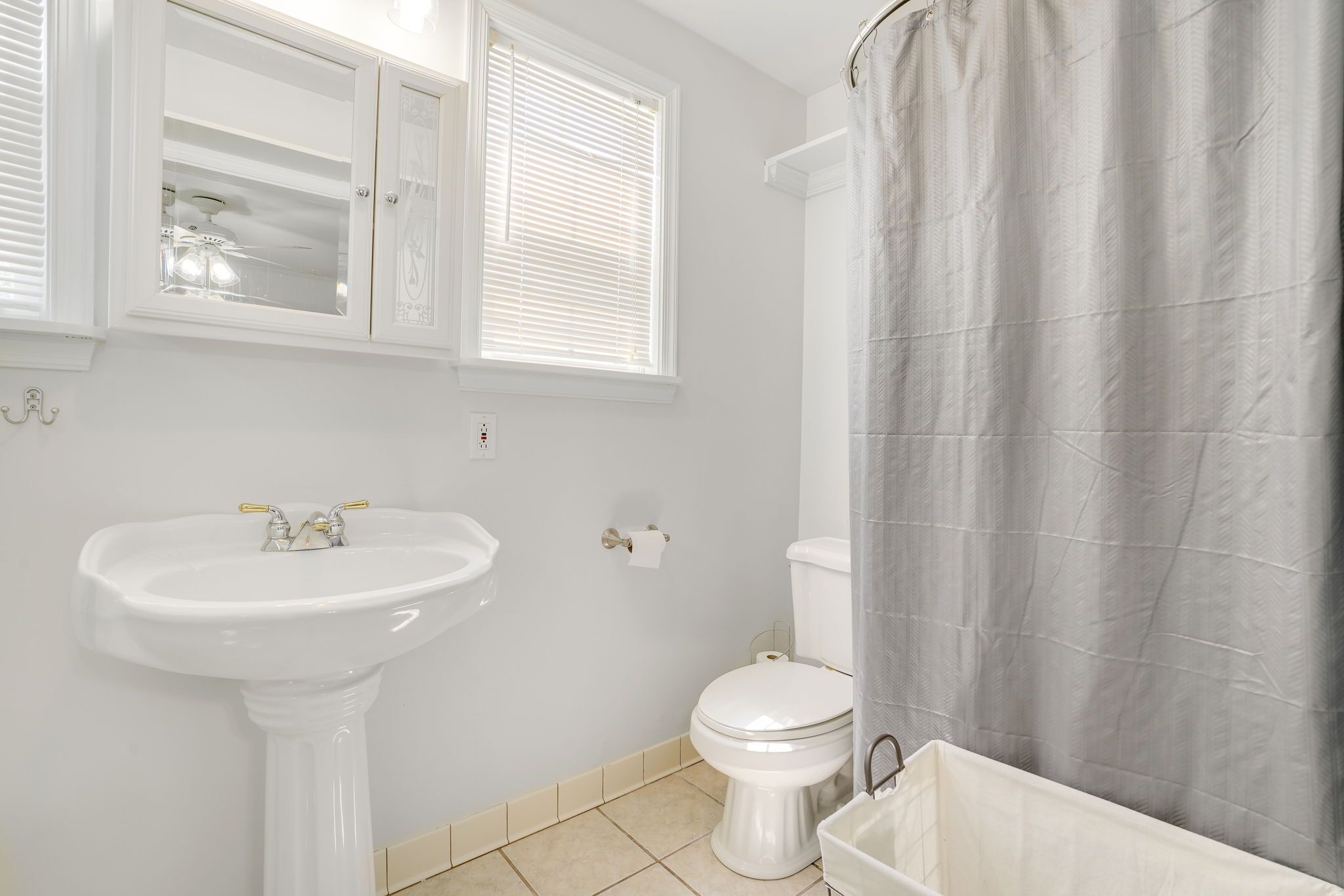 Une salle de bain avec un lavabo sur colonne, des toilettes et un rideau de douche.