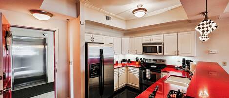 Fridge, microwave, oven, stovetop