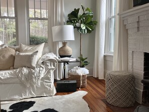 TV connectée, cheminée, livres, espaces bureaux