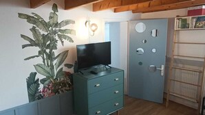 Une pièce avec une grande plante, un téléviseur posé sur un meuble vert, une porte bleue ornée de miroirs ronds et une échelle appuyée contre le mur.