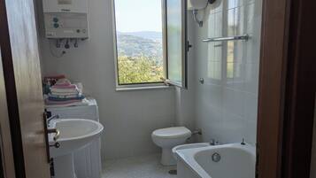 Hair dryer, bidet, towels, soap