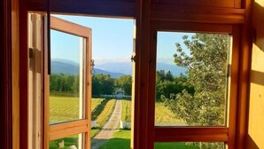 A room with a large open window revealing a grassy landscape and a path. - Tranøya (Senja)