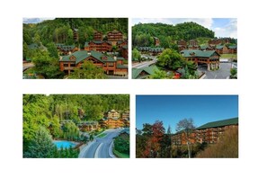 Experience the charm of a traditional log cabin-style lodge surrounded by lush greenery and trees.
