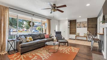 Smart TV, fireplace, table tennis, books