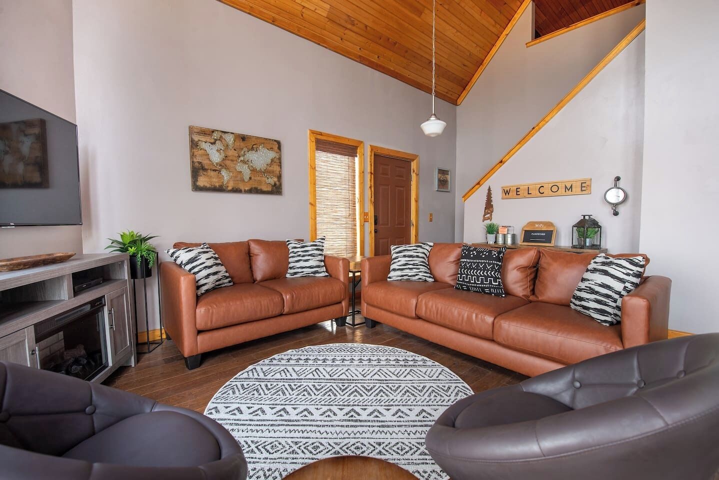 TV, fireplace, books