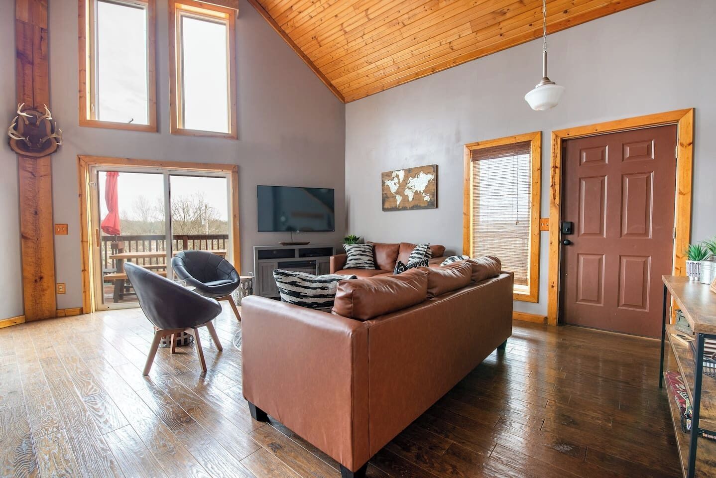 TV, fireplace, books