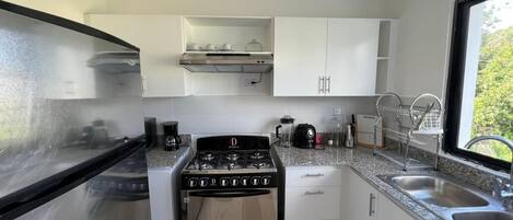 Frigorífico, microondas, placa de cocina y cafetera o tetera