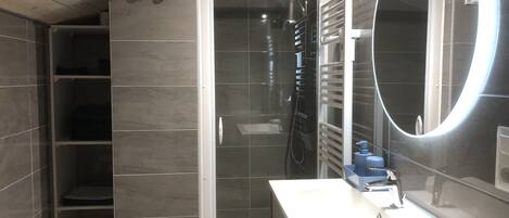Shower, hair dryer, towels, toilet paper