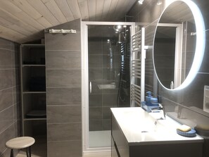 Douche, sèche-cheveux, serviettes fournies, papier toilette