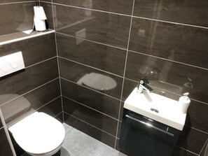 Shower, hair dryer, towels, toilet paper