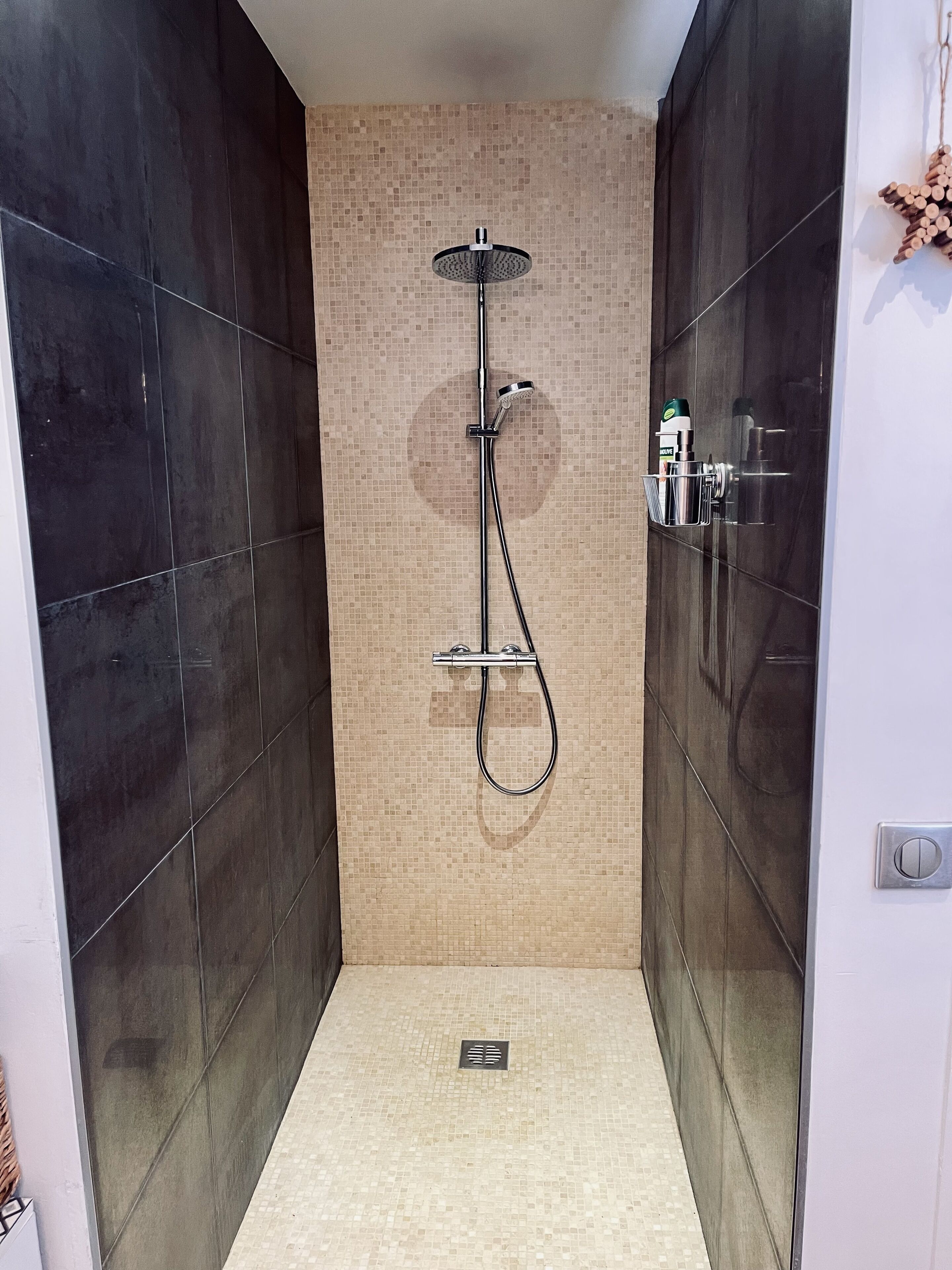 A modern shower with a rain showerhead and handheld showerhead, tiled walls, and a small shelf with toiletries.