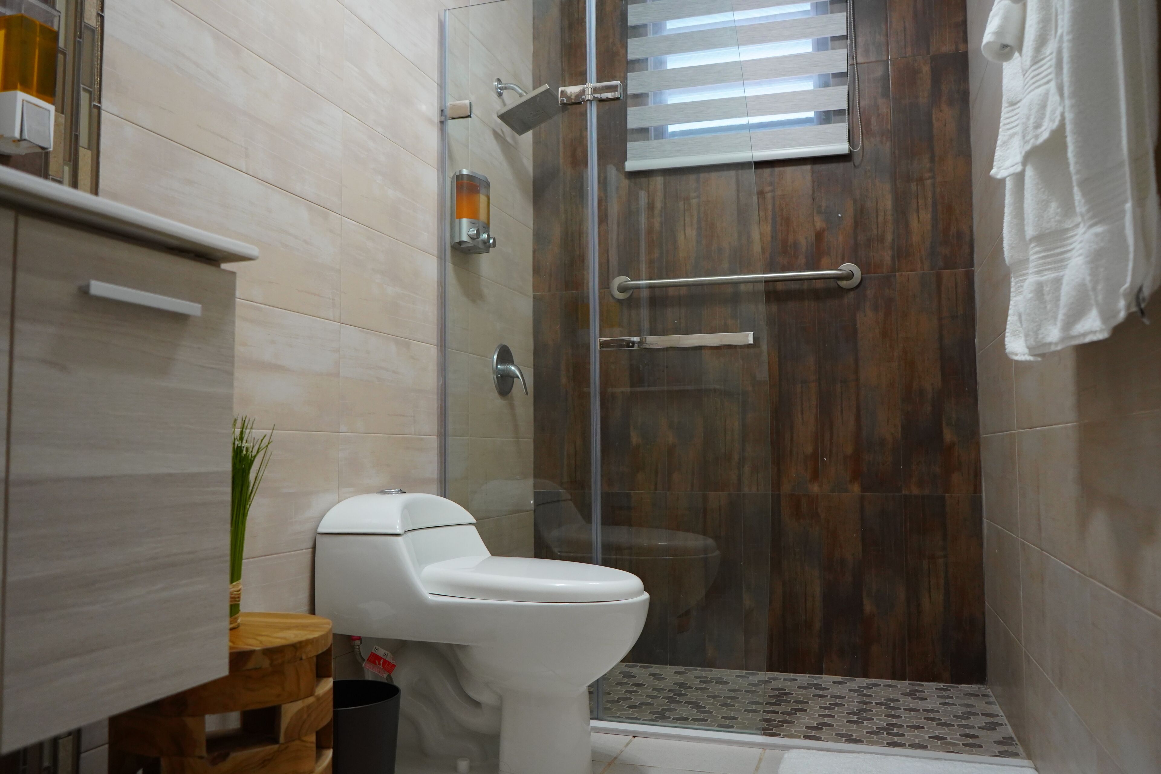A modern bathroom with a glass-enclosed shower, a toilet, and a wooden vanity.