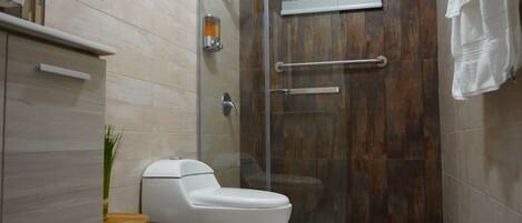 A modern bathroom with a glass-enclosed shower, a toilet, and a wooden vanity.