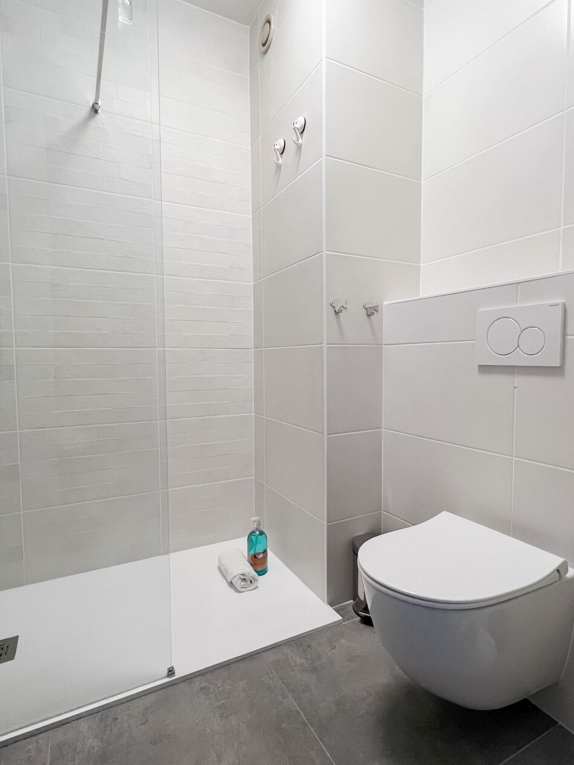 A modern bathroom with a walk-in shower, a toilet, and a towel rack.