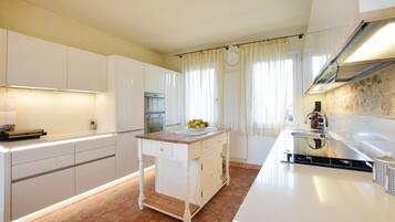 Fridge, stovetop, dishwasher, coffee/tea maker