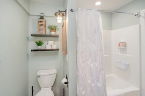 Hair dryer, towels, soap, shampoo