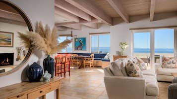 TV connectée, cheminée, livres, espaces bureaux