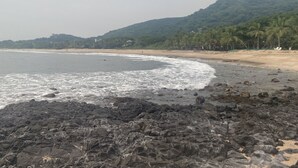 Ein felsiger Strand mit Wellen, ein sandiger Uferstreifen und eine Hügelkette mit Bäumen im Hintergrund.