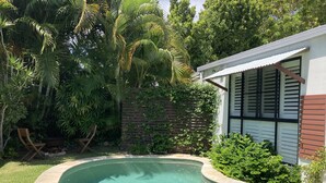 Una piscina de borde curvo, rodeada de exuberante follaje y una terraza de madera.