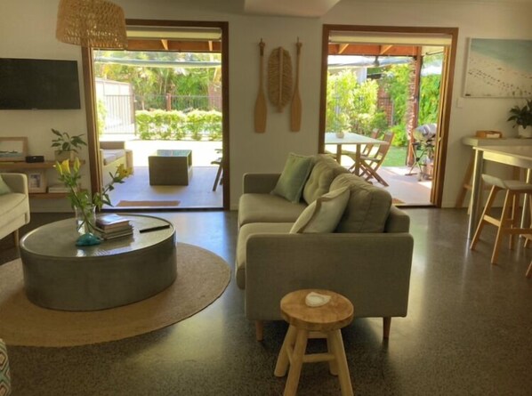 Living area - Alkadema @ Moffat with separate self contained Boudoir, just 400m from the beach (Moffat Beach)