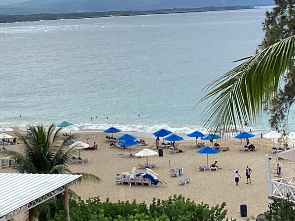 On the beach, sun-loungers, beach towels