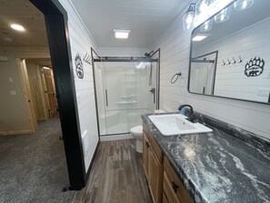 Shower, hair dryer, towels, toilet paper