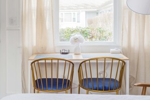 1 bedroom, memory foam beds, desk, blackout drapes