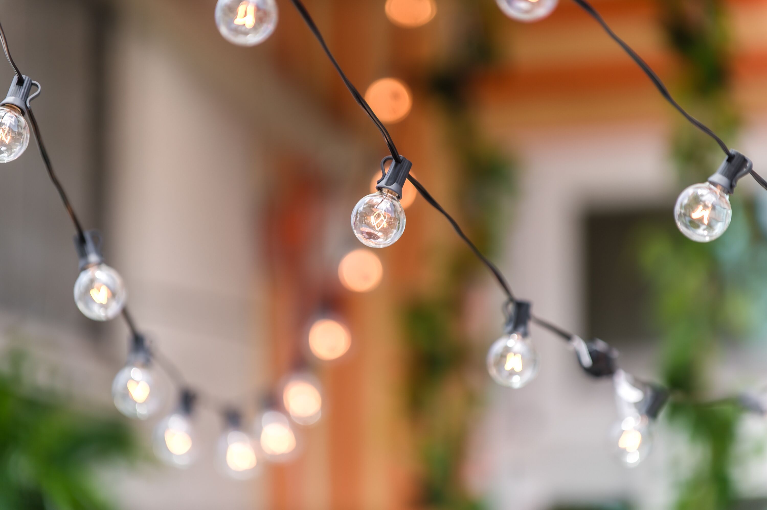 A string of clear glass bulbs with visible filaments, hanging in a dimly lit indoor setting.