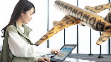 A person using a laptop at a desk with a large airplane model in the background.
