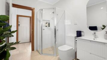 A modern bathroom with a glass shower enclosure, a white toilet, and a sink with a mirror above it.