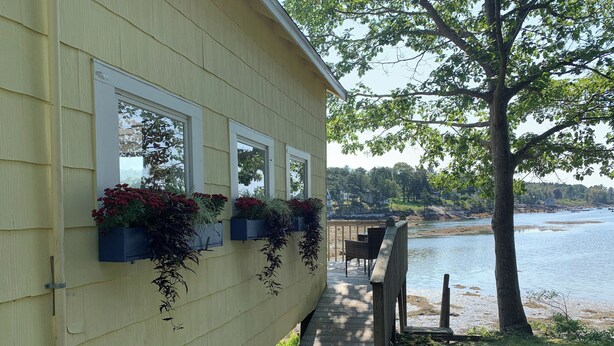 A yellow building with three windows, each with a planter box containing red flowers. - Charming Southport Island Cottage on Cozy Harbor with Sunny Deck - Sleeps 6! (Southport)