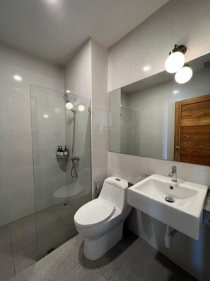A modern bathroom with a glass shower enclosure, a toilet, and a sink with a mirror above. - Sichon Hideaway (Sichon)