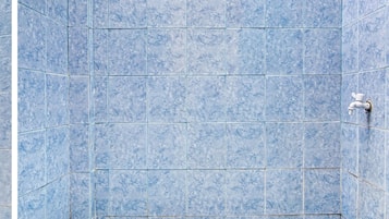 Ducha, cabezal de ducha tipo lluvia, toallas, papel higiénico