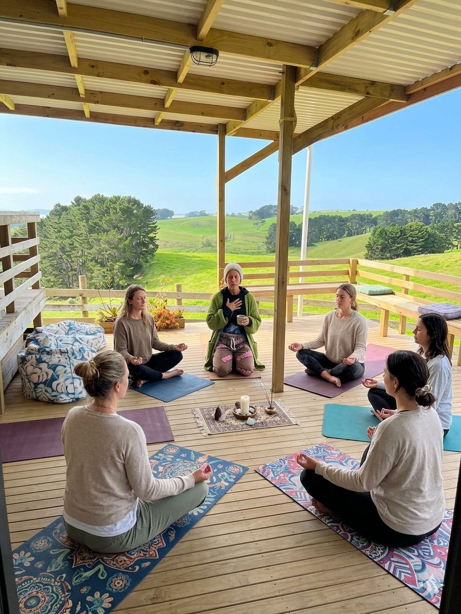A group of people meditating on a wooden deck with a view of green fields.