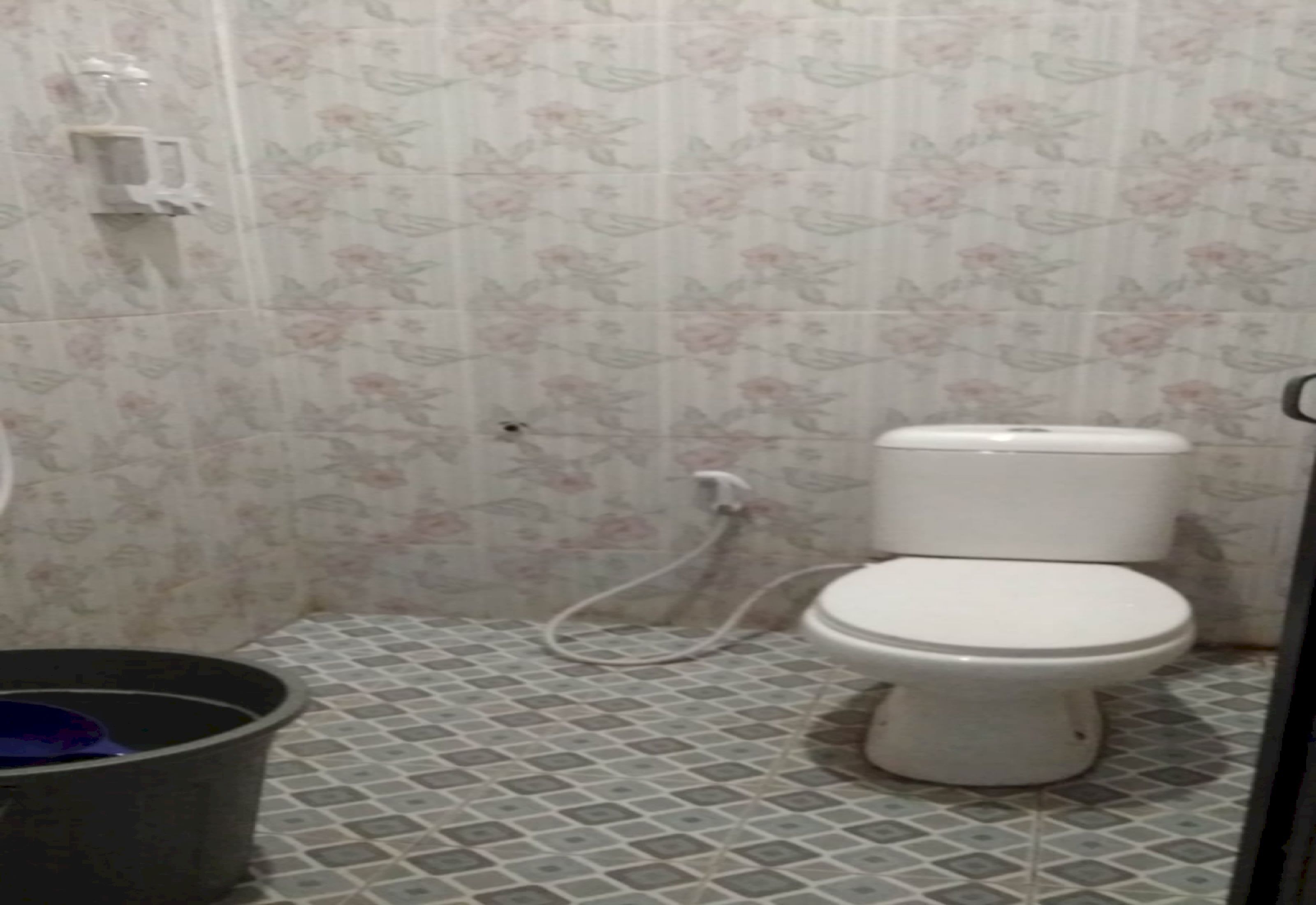 A bathroom with a toilet, a shower, and a bucket.