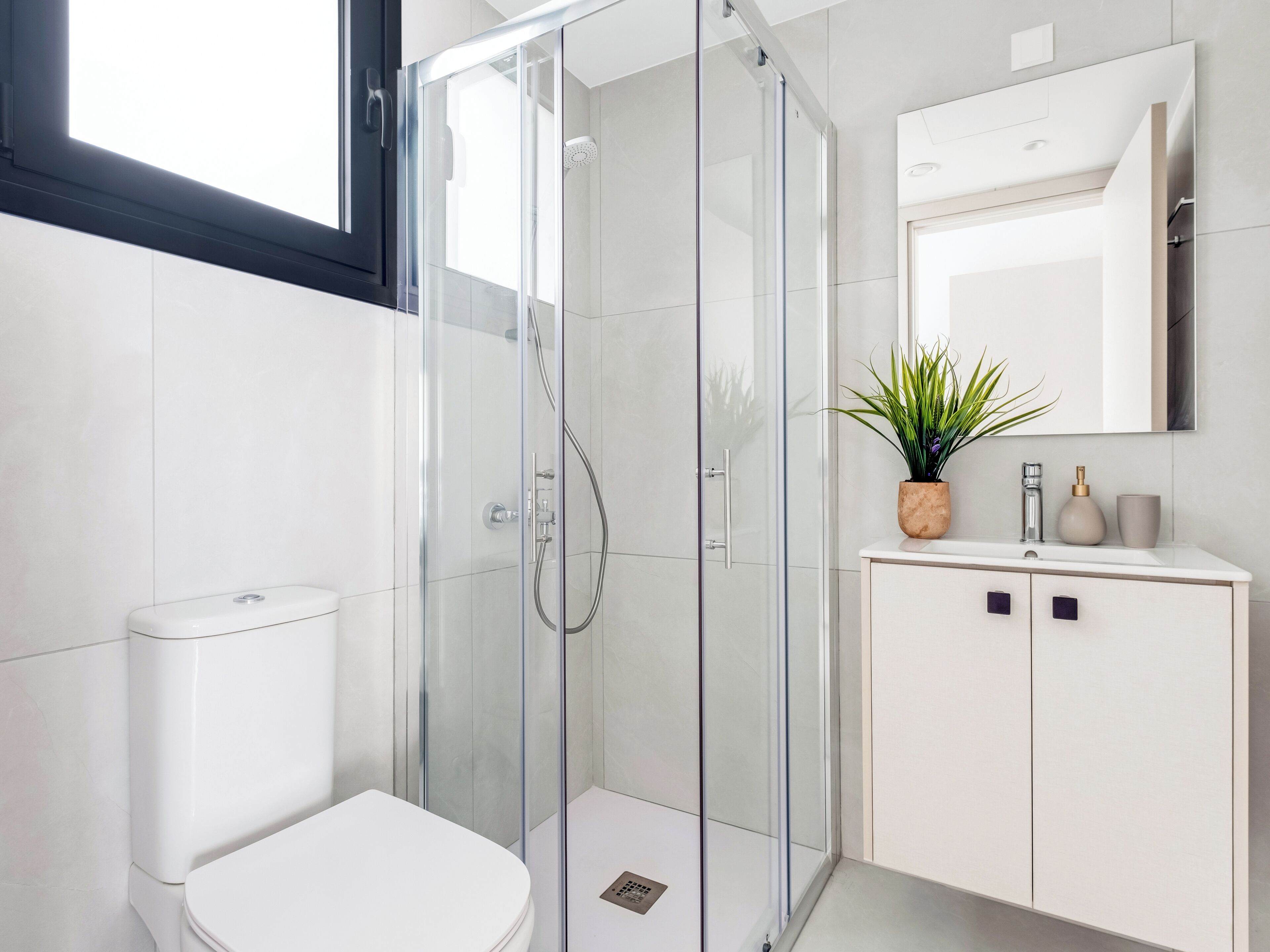 A modern bathroom with a glass shower enclosure, a toilet, a sink with a mirror, and a potted plant.